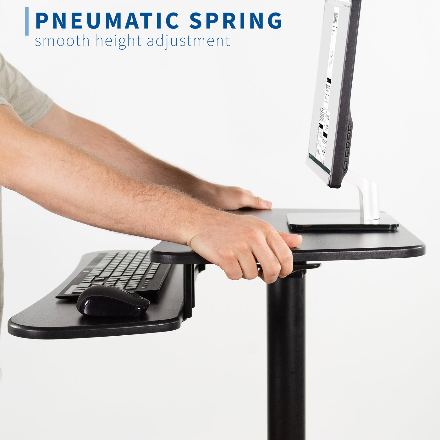 Ergonomic mobile computer workstation cart with height adjustment.