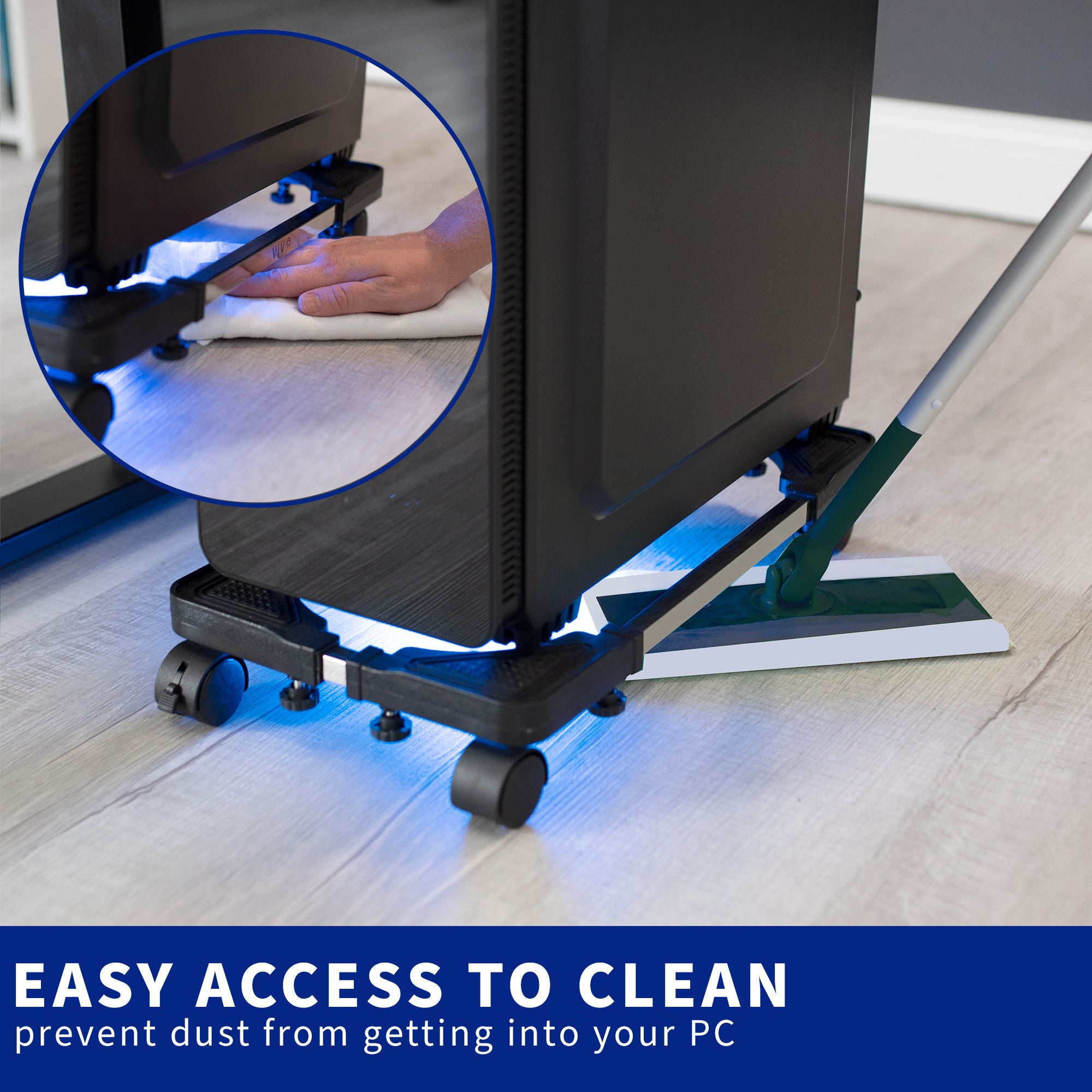 This PC cart / CPU trolley raises your PC off of the ground and makes it easily mobile.