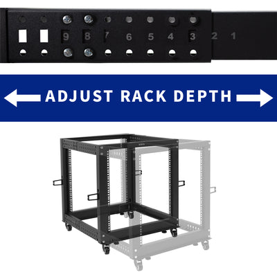 Black open frame rack showing rack depth  and adjustment settings. 