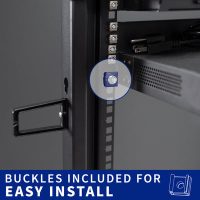 Black network rack with multiple ports. 