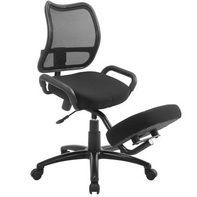 Comfortable black swivel kneeling chair for tension relief and posture.