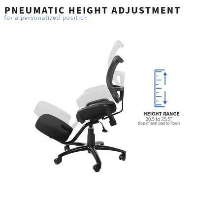 Comfortable black swivel kneeling chair with pneumatic height adjustment.