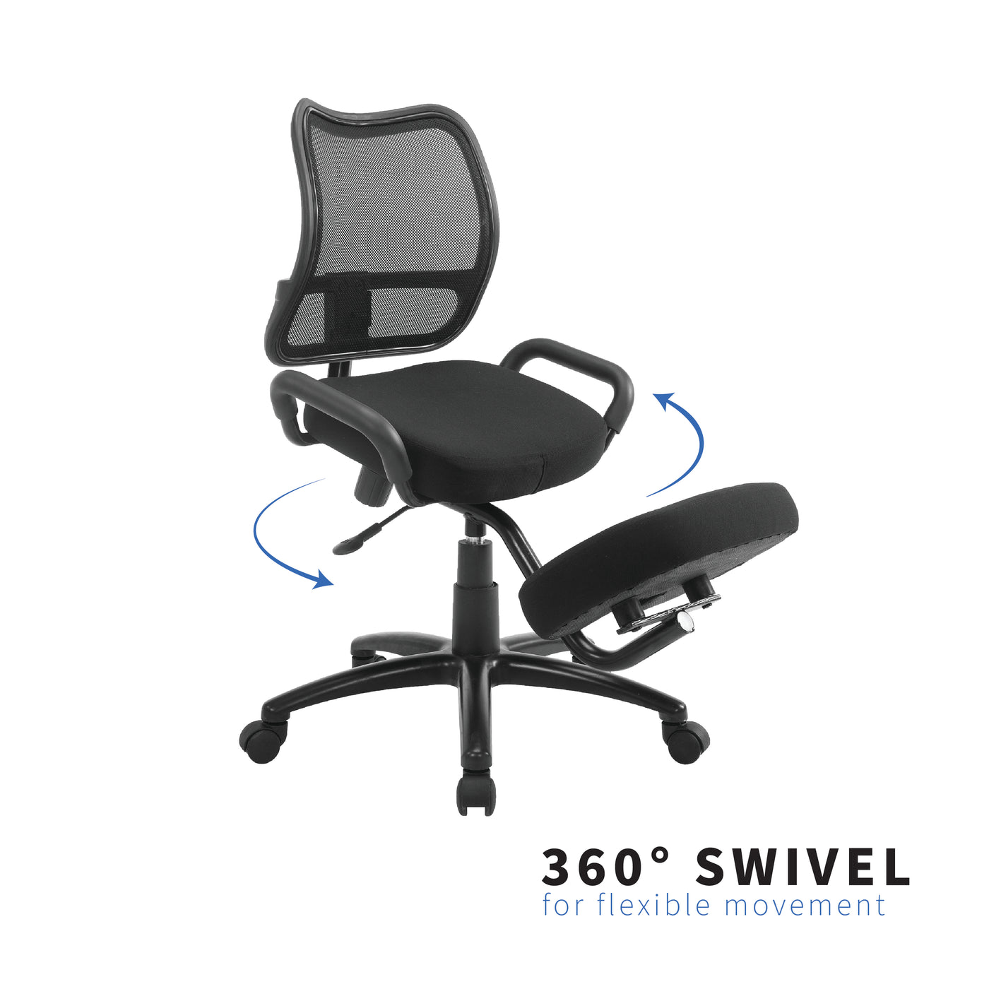 Comfortable black swivel kneeling chair with wheels for easy flexible movement.