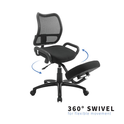 Comfortable black swivel kneeling chair with wheels for easy flexible movement.