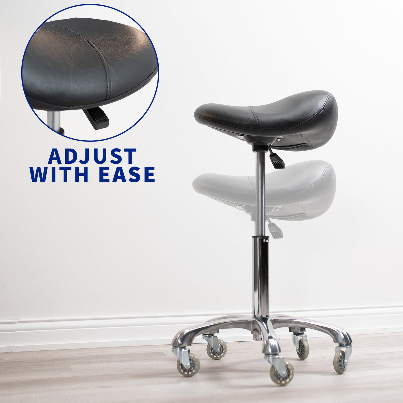 Saddle seat desk chair with wheels for better posture and increased productivity.
