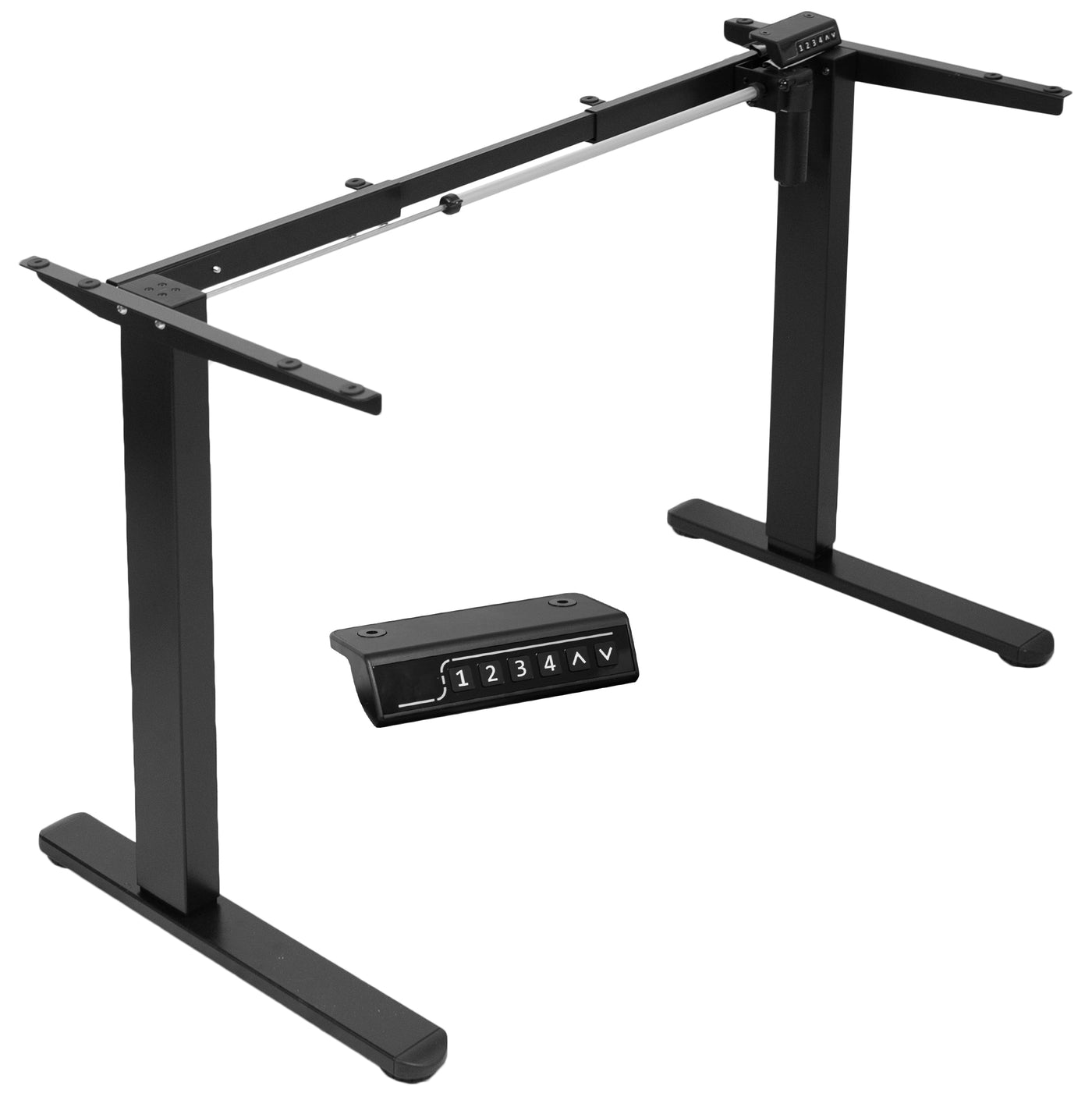 Electric sit-to-stand desk frame with rear set legs.