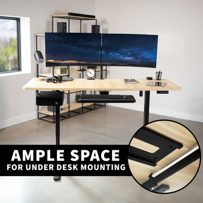 Rear set leg desk frame allowing ample under-desk space for mounting.