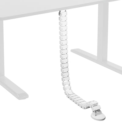 White vertebrae cable management strip connected to a white sit-to-stand desk.