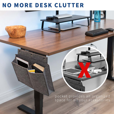 Create a tidy workspace by minimizing desk clutter with a side storage pocket. 