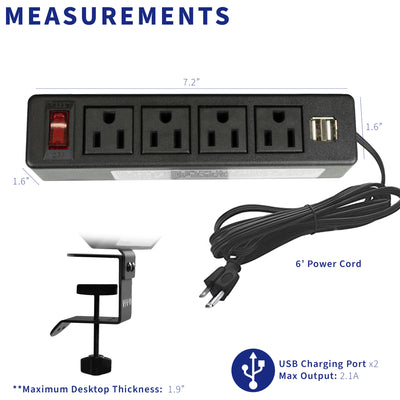 Dimension of heavy-duty clamp on power strip with two USB ports.