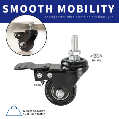 Four fully rotating smooth sliding and lockable caster wheels compatible with any floor type.