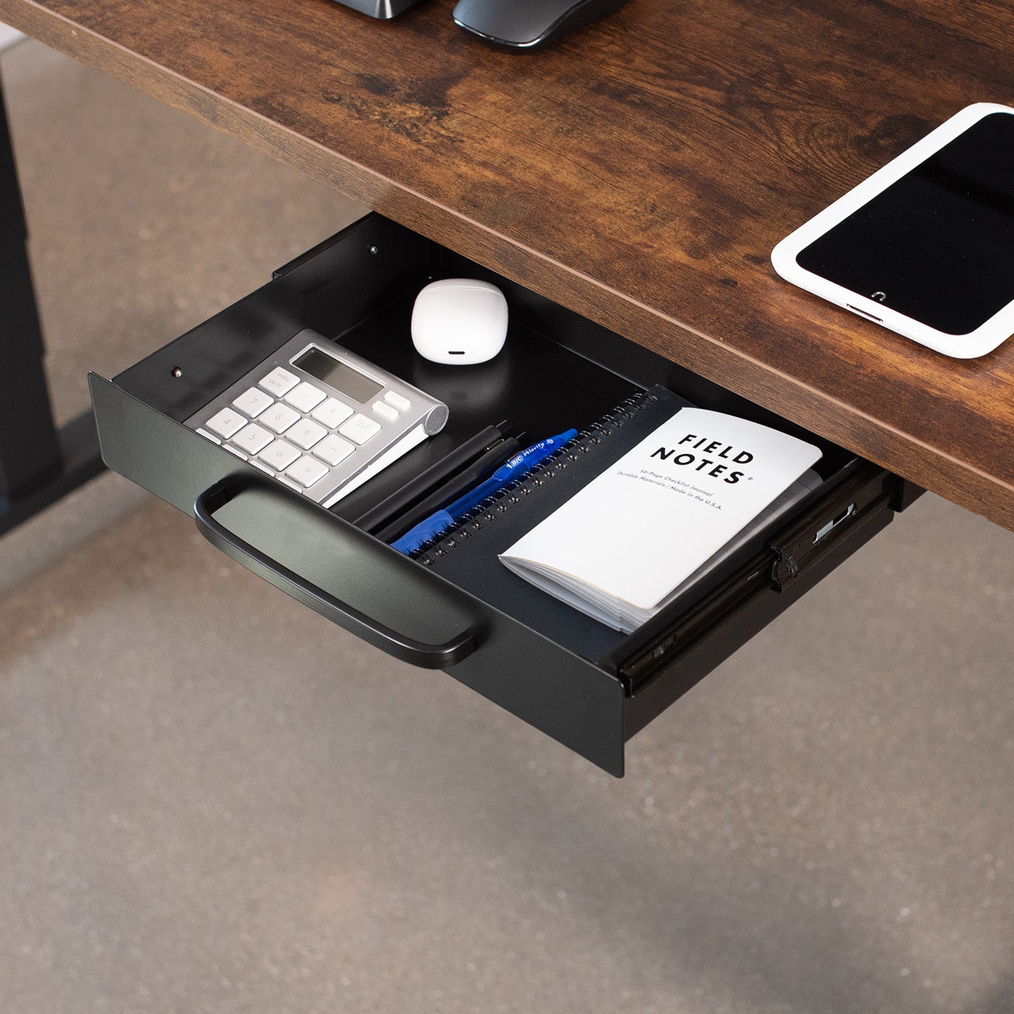 Low profile 13 inch under desk drawer with pull handle for convenient storage and organization.