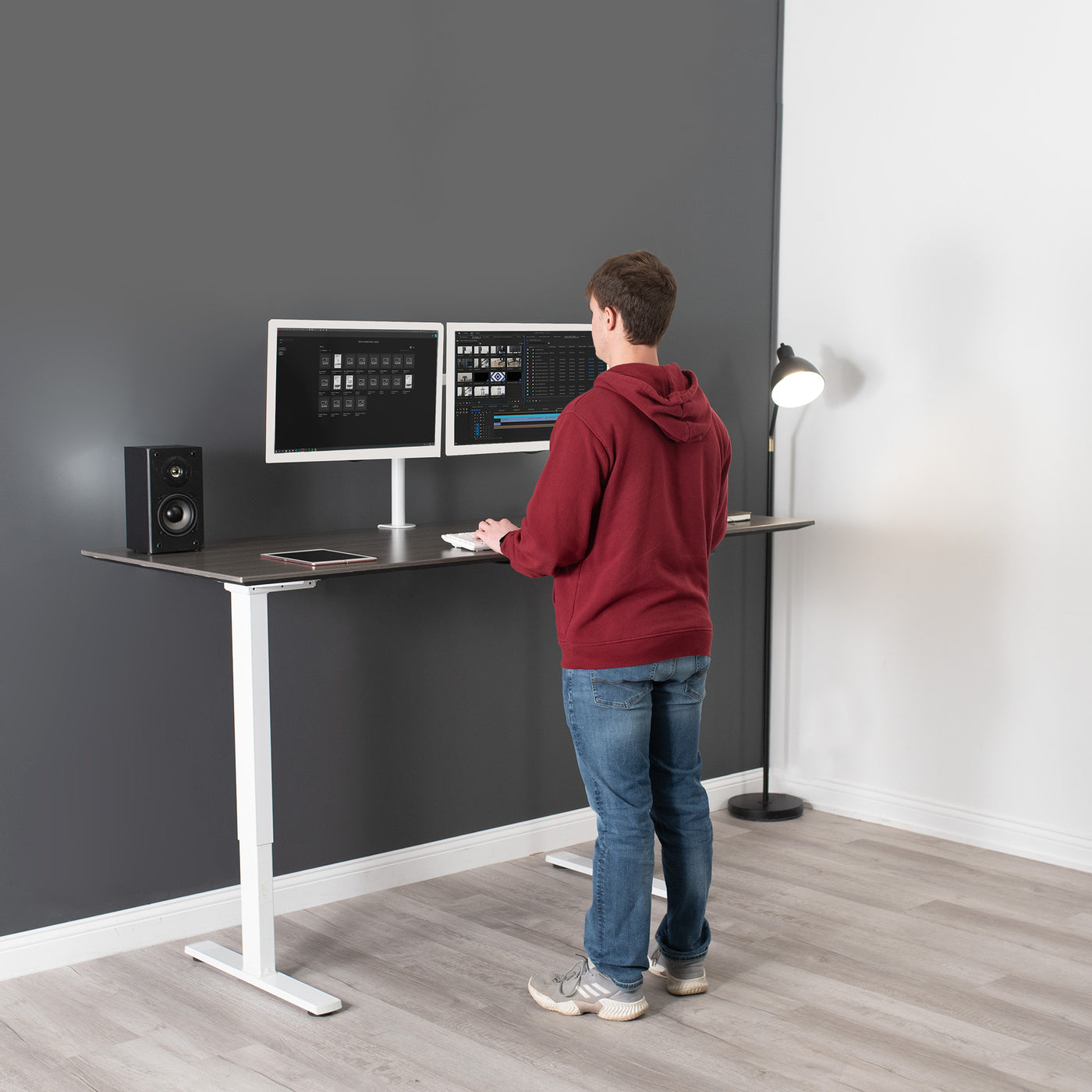 Sturdy ergonomic sit or stand desk frame for active workstation with adjustable height and smart control panel.