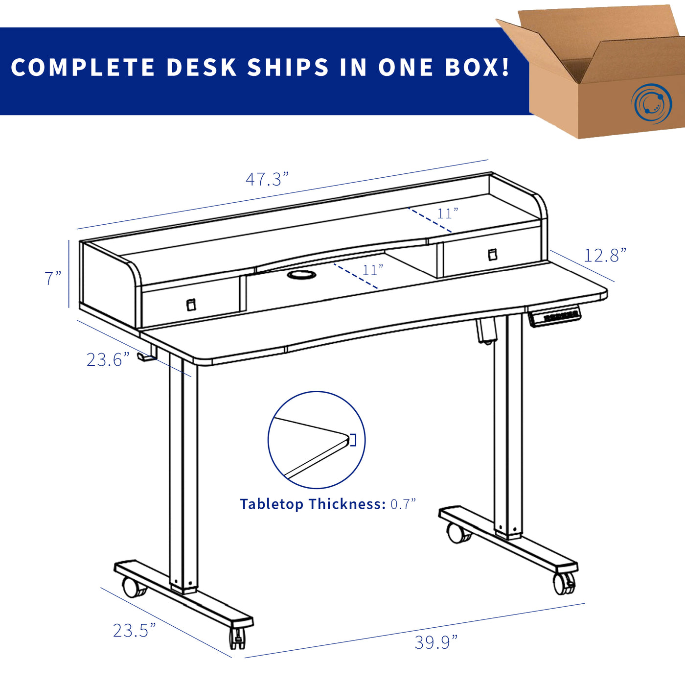 Desk ships in one box with minimal assembly required to attain an ergonomic work environment in no time.