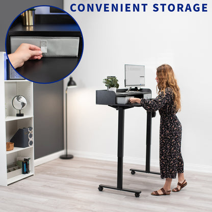 Girl working at a desk with convenient storage in a modern office workspace.