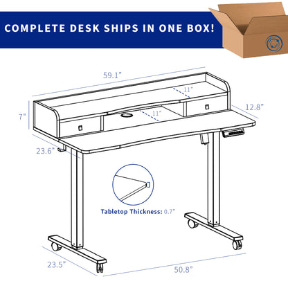 Dual tier height adjustable mobile electric desk with storage drawers.