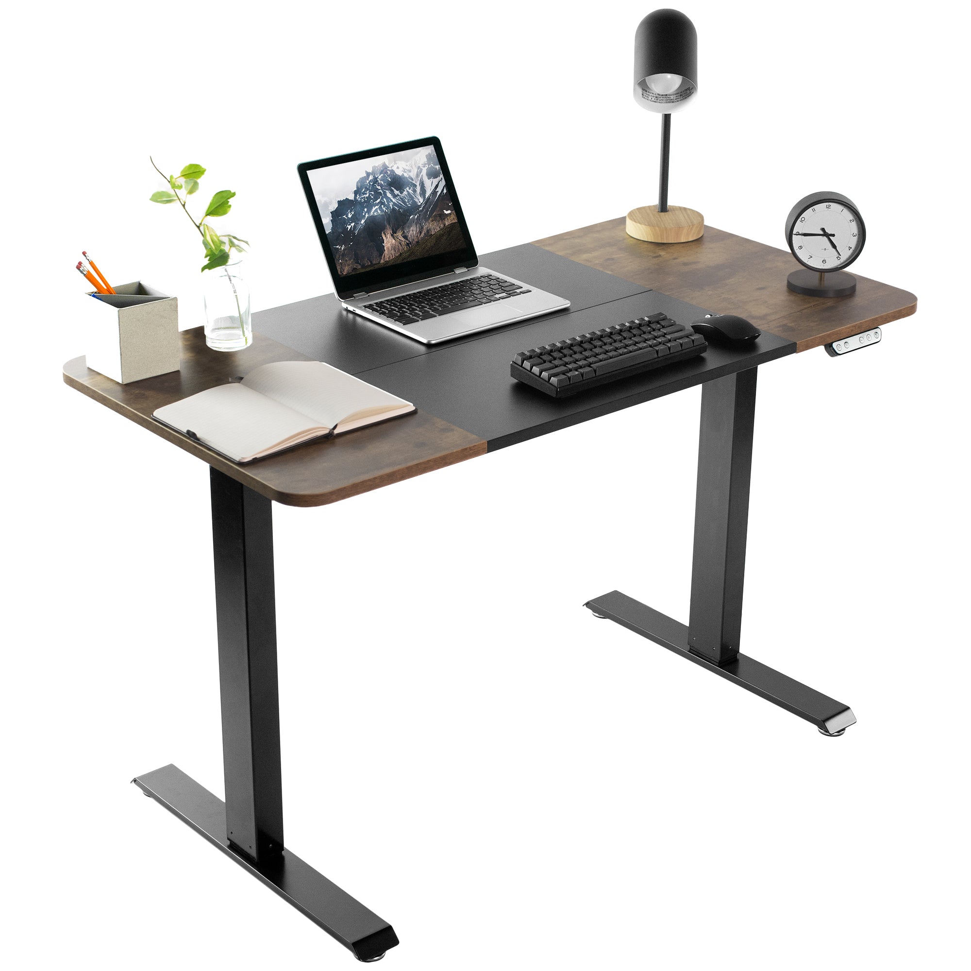 Sturdy rustic electric sit or stand desk workstation with adjustable height.