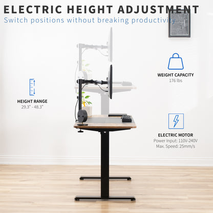 Sturdy rustic electric sit or stand desk workstation with adjustable height.