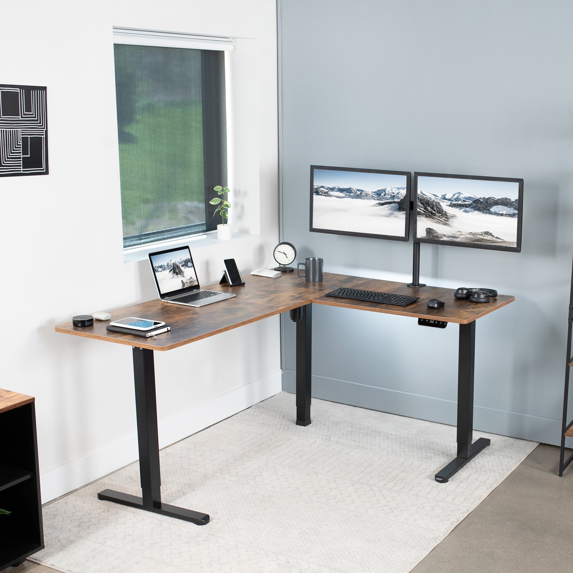 Rustic electric heavy-duty corner desk workstation for modern office workspaces. 