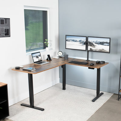 Rustic, electric heavy-duty corner desk workstation for modern office workspaces. 