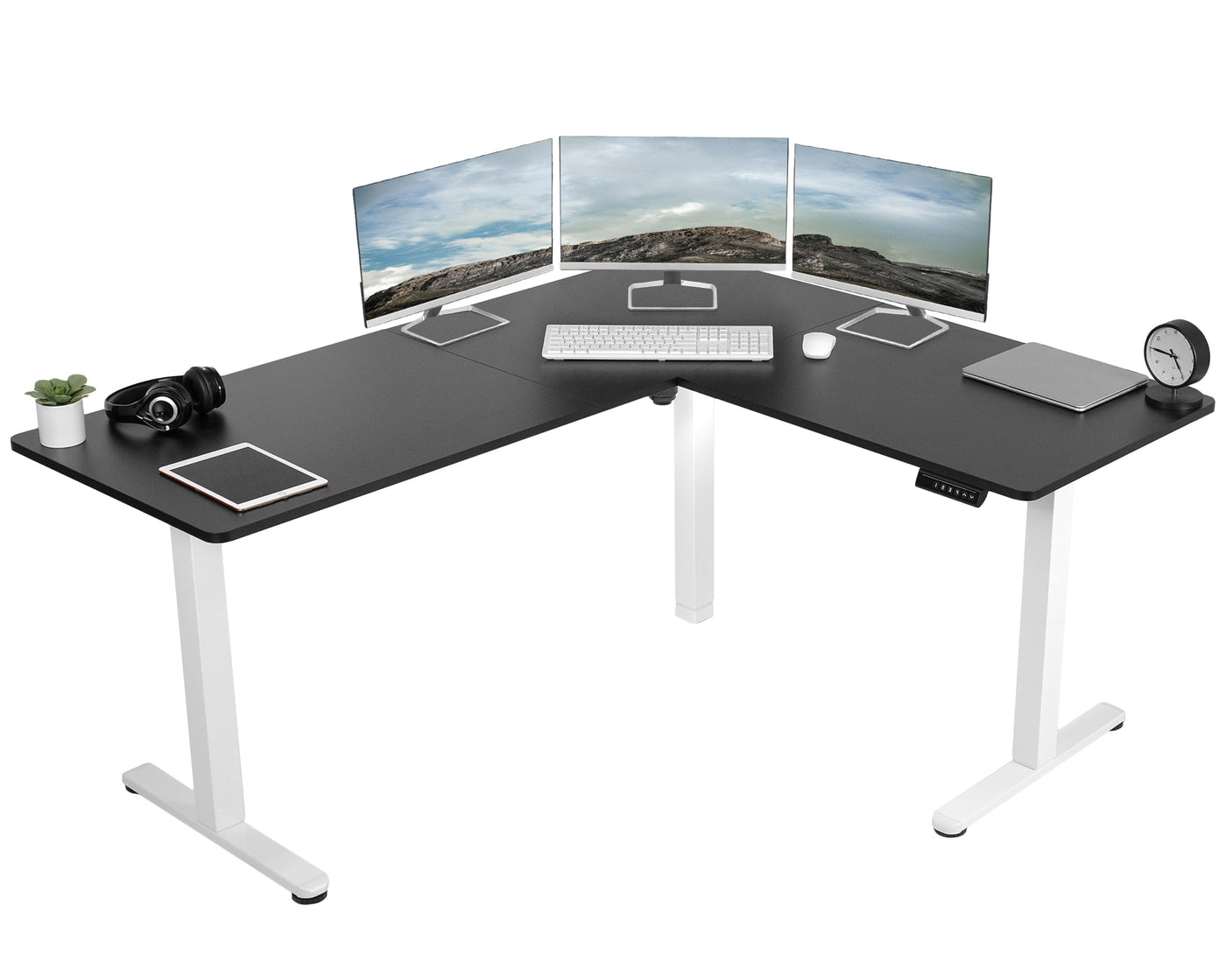 Heavy-duty electric height adjustable corner desk workstation for active sit or stand efficient workspace.