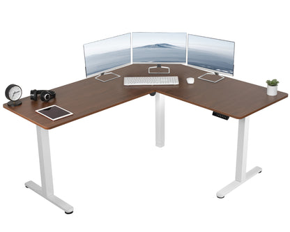 Heavy-duty electric height adjustable corner desk workstation for active sit or stand efficient workspace.