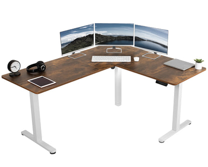 Rustic electric heavy-duty corner desk workstation for modern office workspaces. 