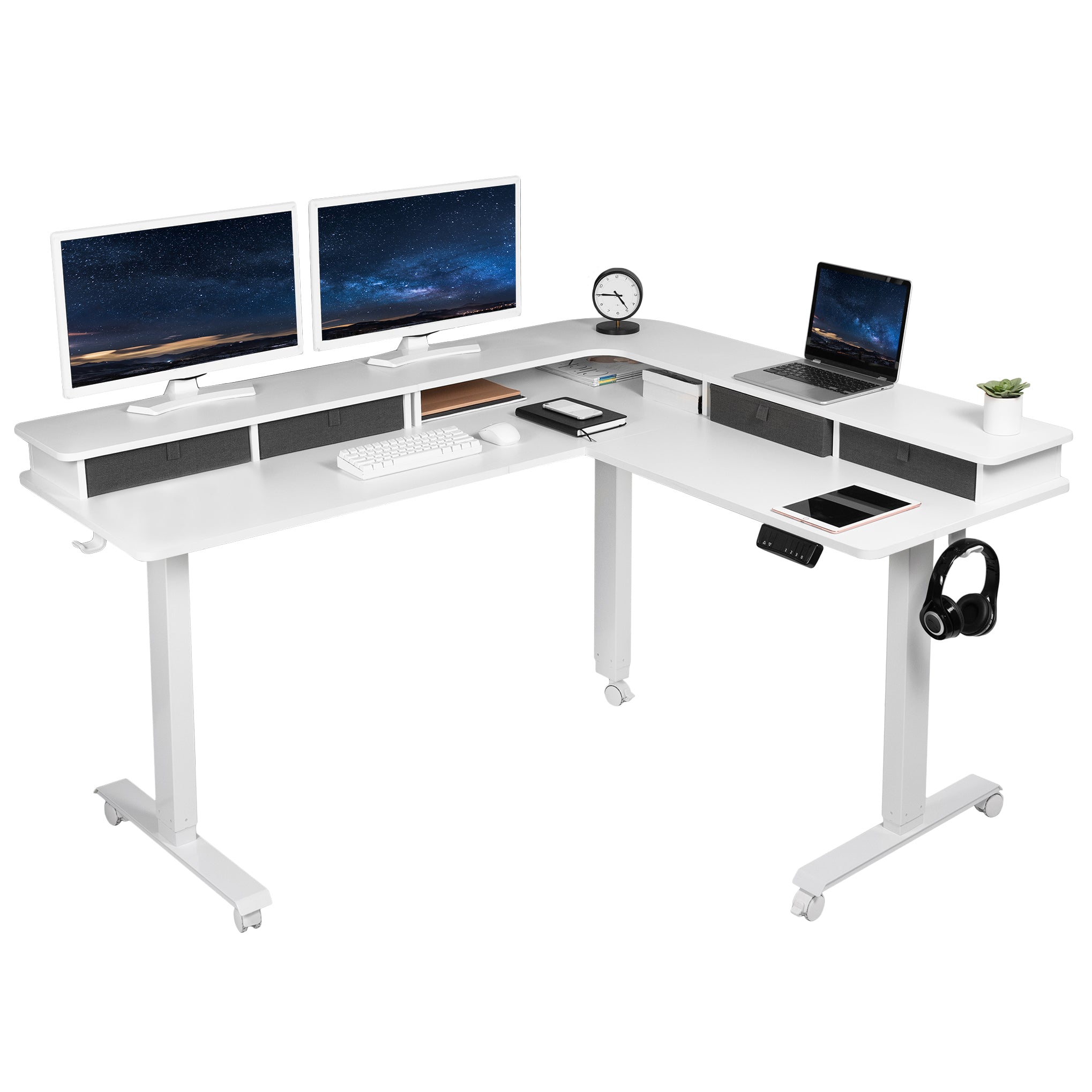 Dual tier height adjustable electric corner desk with storage drawers and wheels.