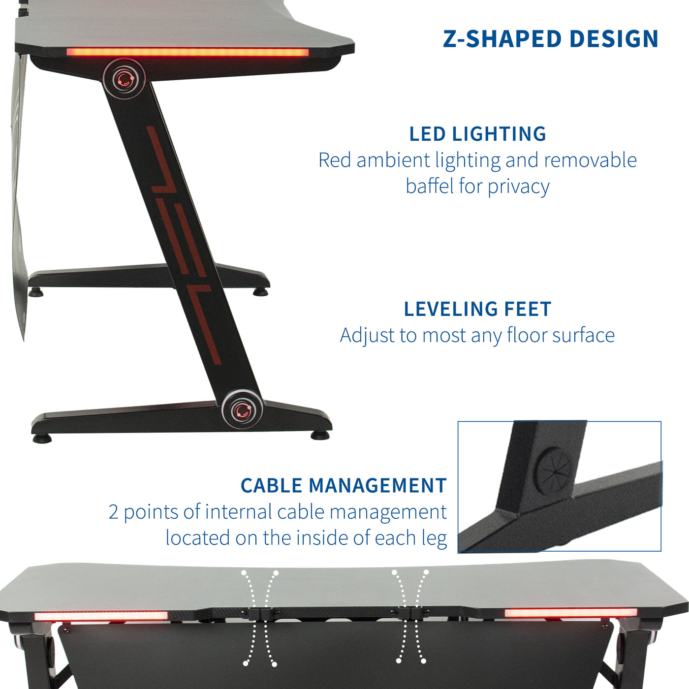 Heavy-duty z shaped gaming computer table desk with leveling feet and built-in cable management.