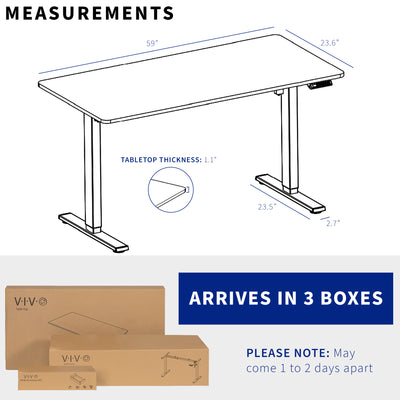 Dimensions of electric height adjustable desk that arrives in 3 separate boxes.