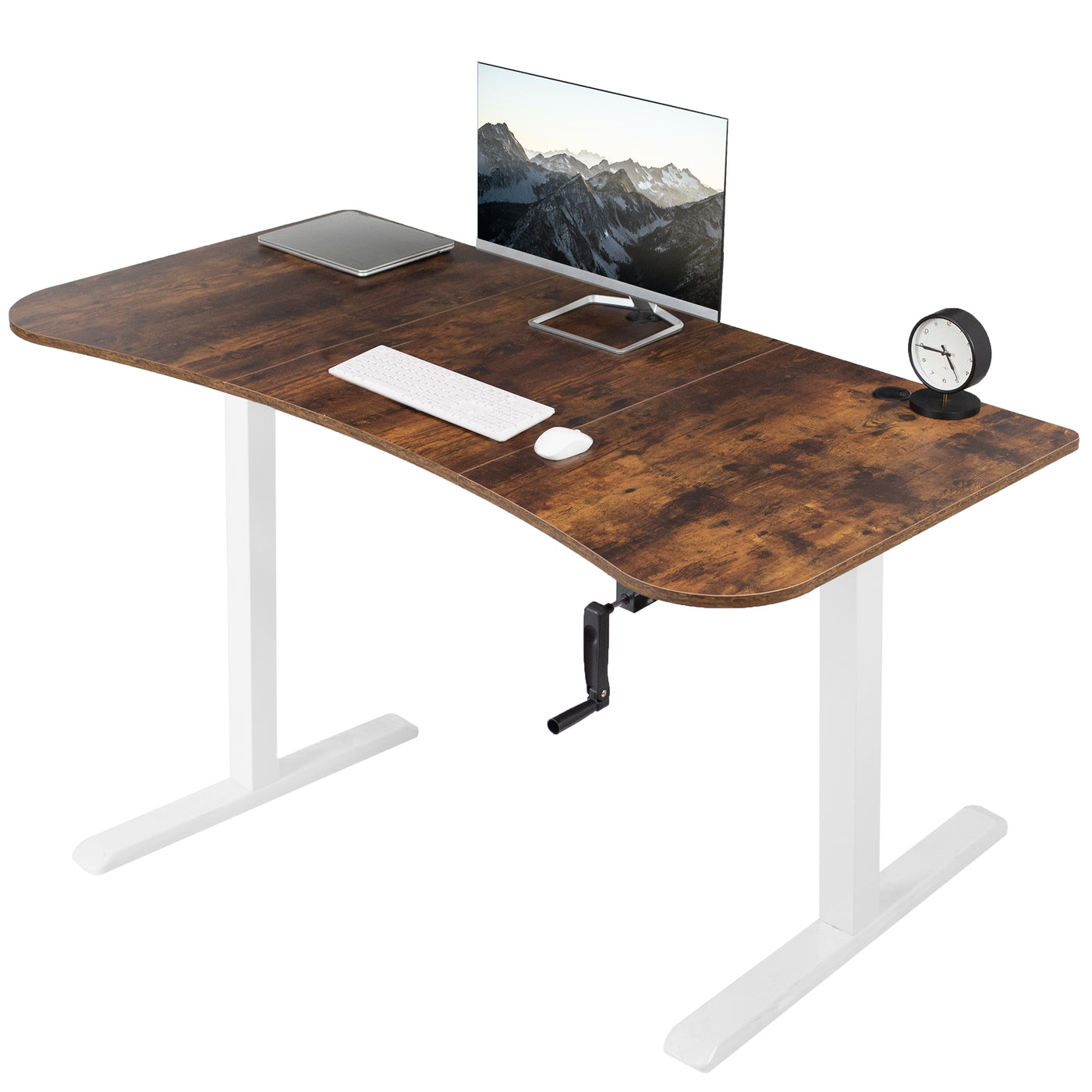 Sturdy rustic manual hand crank height adjustable desk for sit or stand workstation.