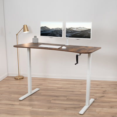 Sturdy rustic manual hand crank height adjustable desk for sit or stand workstation.