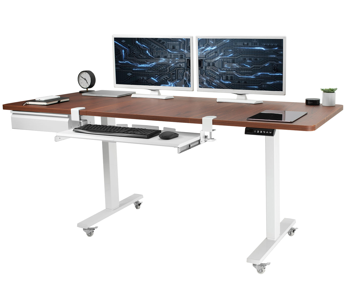 vivo Electric 60x24 Desk w/ Drawer & Casters, Dark Walnut Table Top, Black Frame