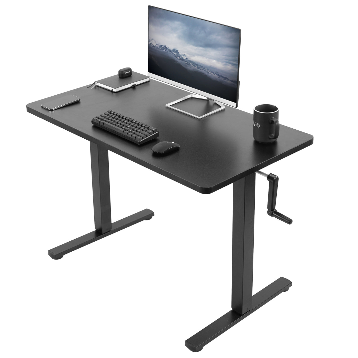 Manual height adjustable desk with a side crank.