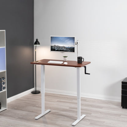 Manual hand crank height adjustable desk for active sit to stand workstation.