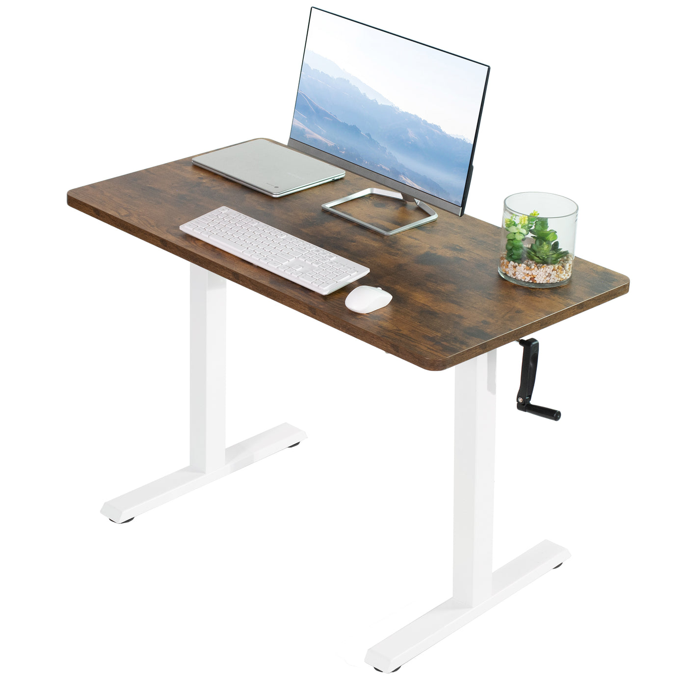 Manual hand crank rustic height adjustable desk for active sit to stand workstation.