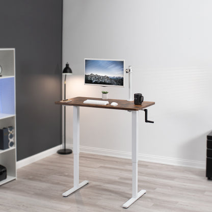 Manual hand crank rustic height adjustable desk for active sit to stand workstation.