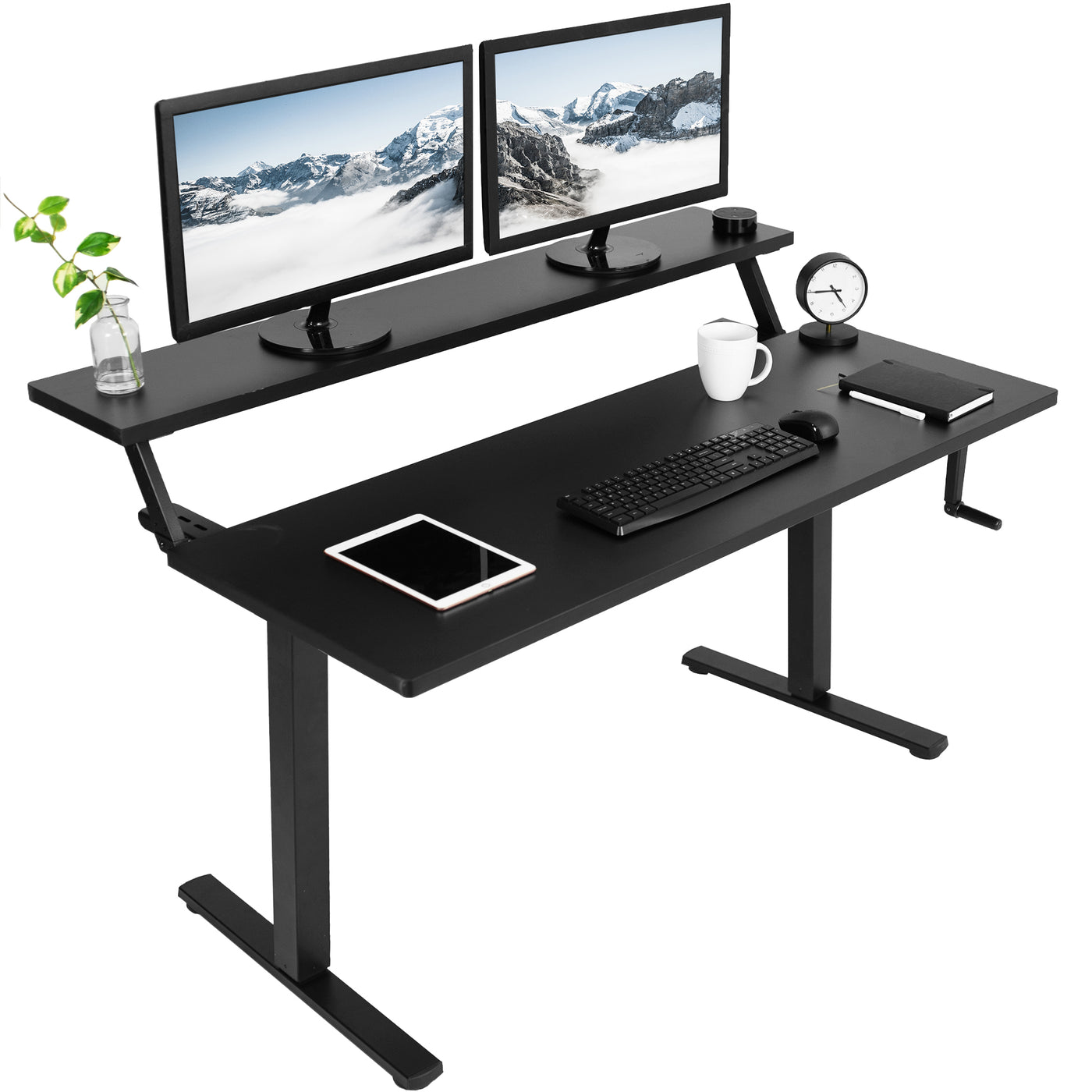  Innovative 2-tier split top design of a modern black height adjustable desk.
