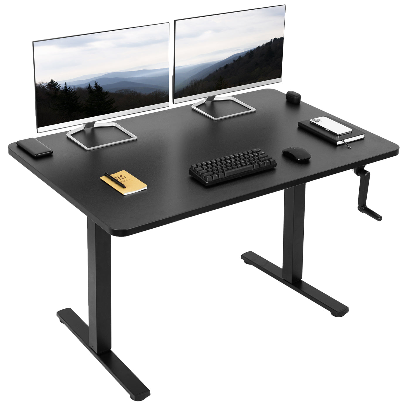 Black manual height adjustable desk with side crank handle.