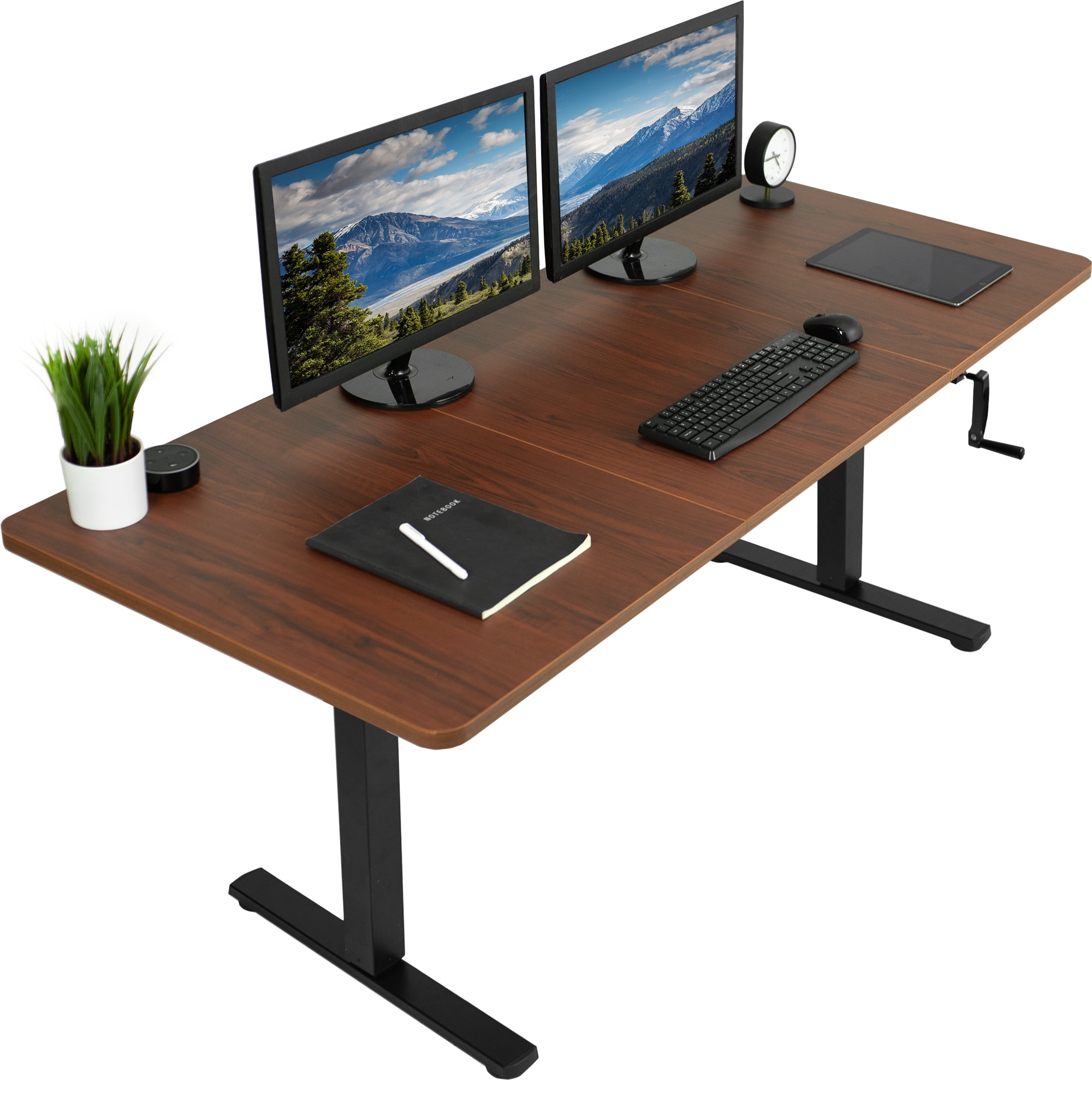 Wide surface sturdy sit or stand active workstation with adjustable height using manual hand crank.