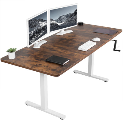Rustic wide surface sturdy sit or stand active workstation with adjustable height using manual hand crank.