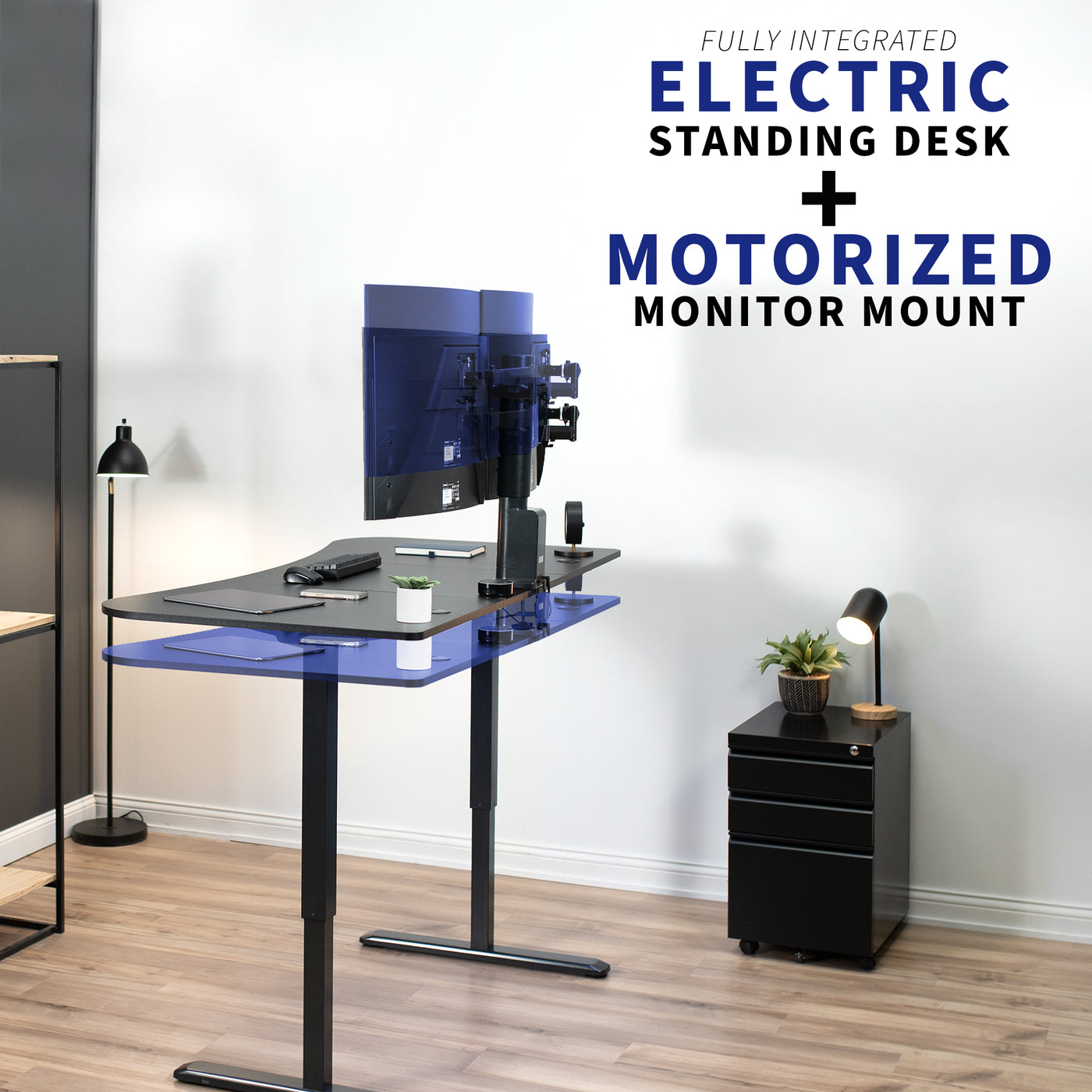 Electric sit-to-stand desk with high-powered motors and endless working height adjustments.