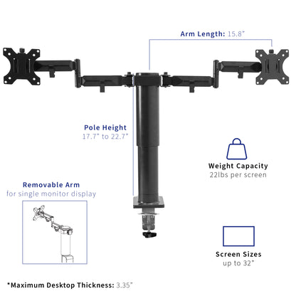 Dual monitor arm length and dimensions. 