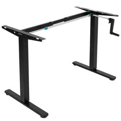 Crank height adjustable desk frame with a front-facing crank.