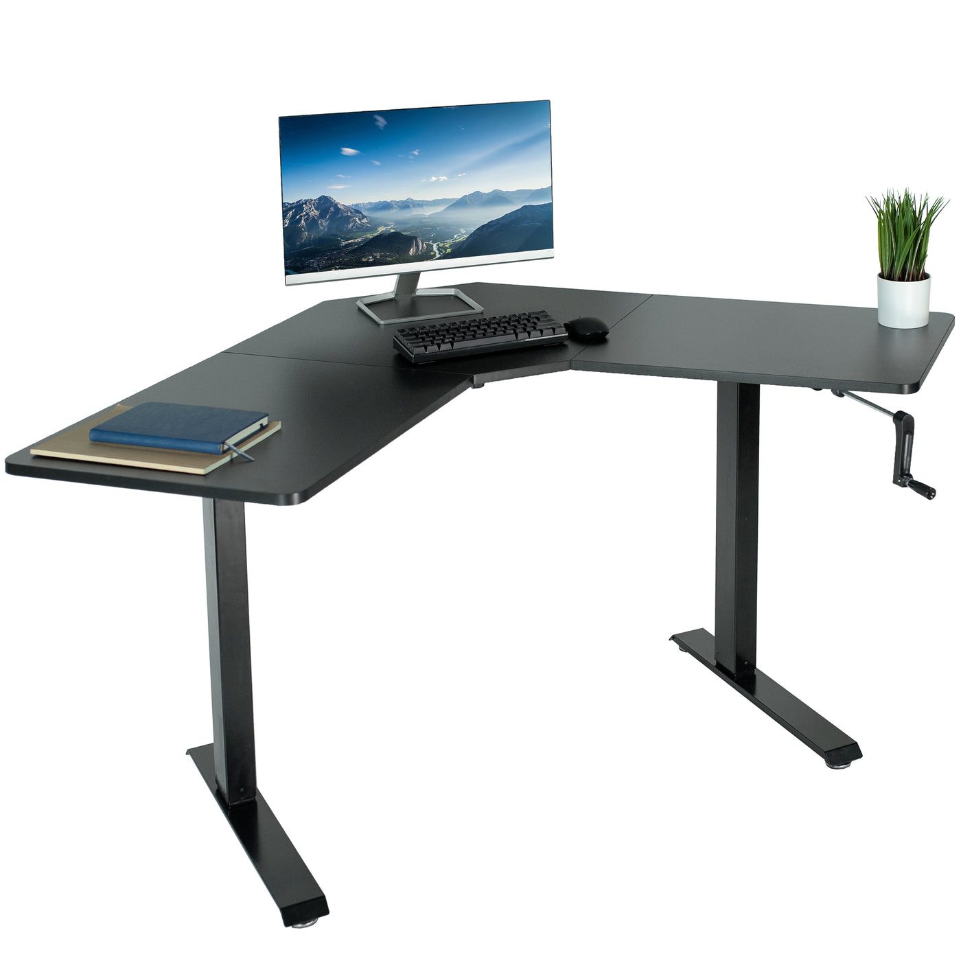 Heavy-duty manual hand crank adjustable height corner desk workstation for active sit or stand efficient workspace.