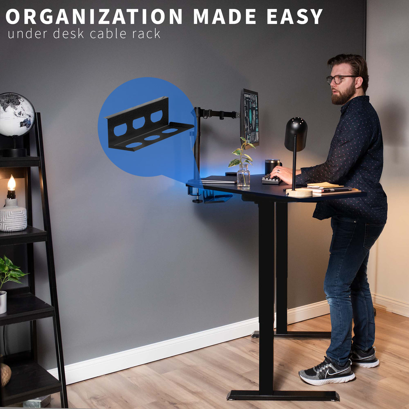 Heavy-duty manual hand crank adjustable height corner desk workstation for efficiency and organization.