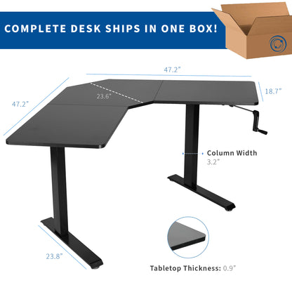 Heavy-duty manual hand crank adjustable height corner desk workstation for active sit or stand efficient workspace.