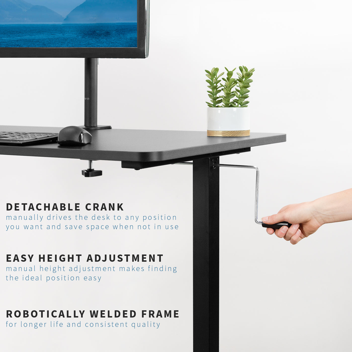 Easy to use height adjustment hand crank featured on the side of the desk.