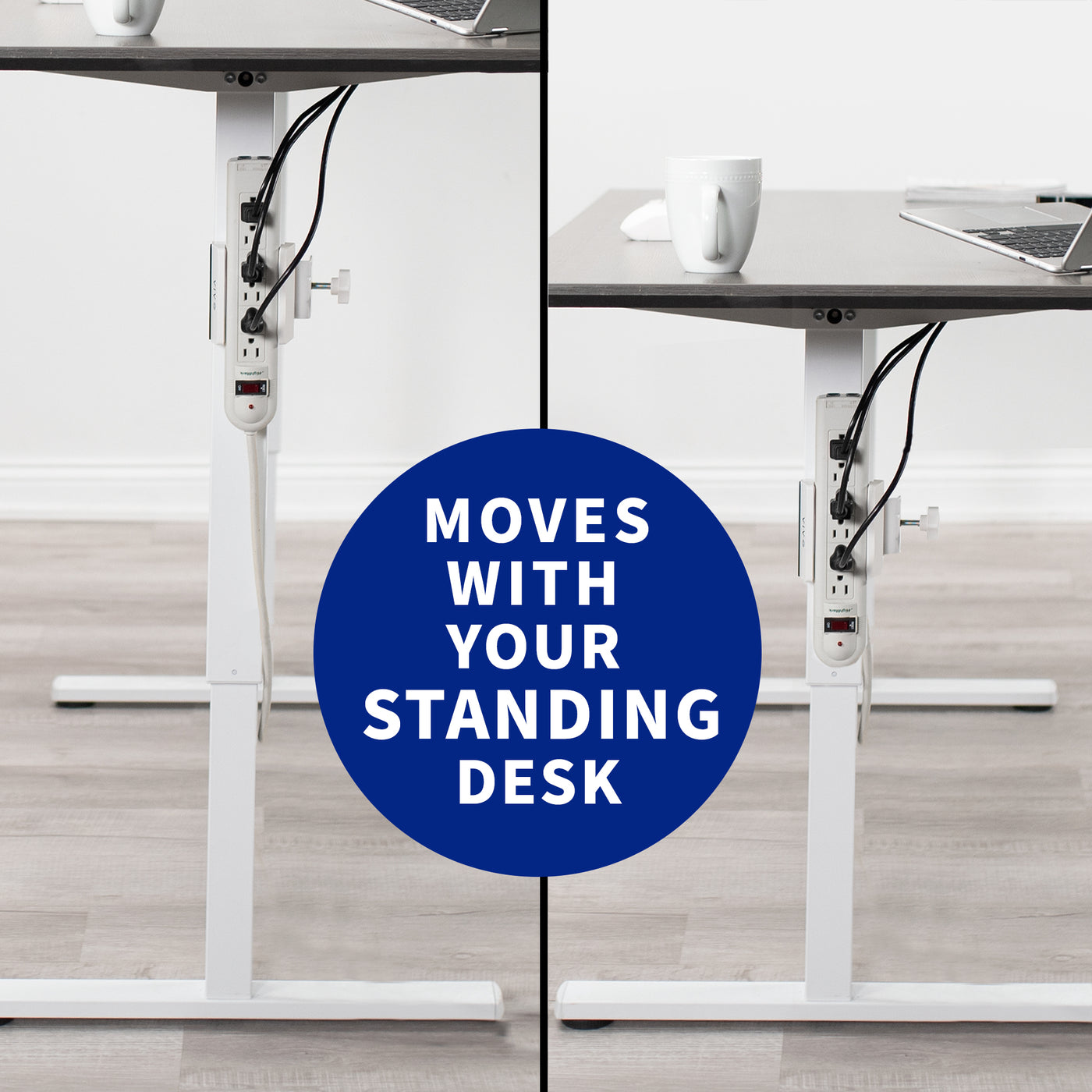 This clamp on the power strip holder moves with your height-adjustable desk.