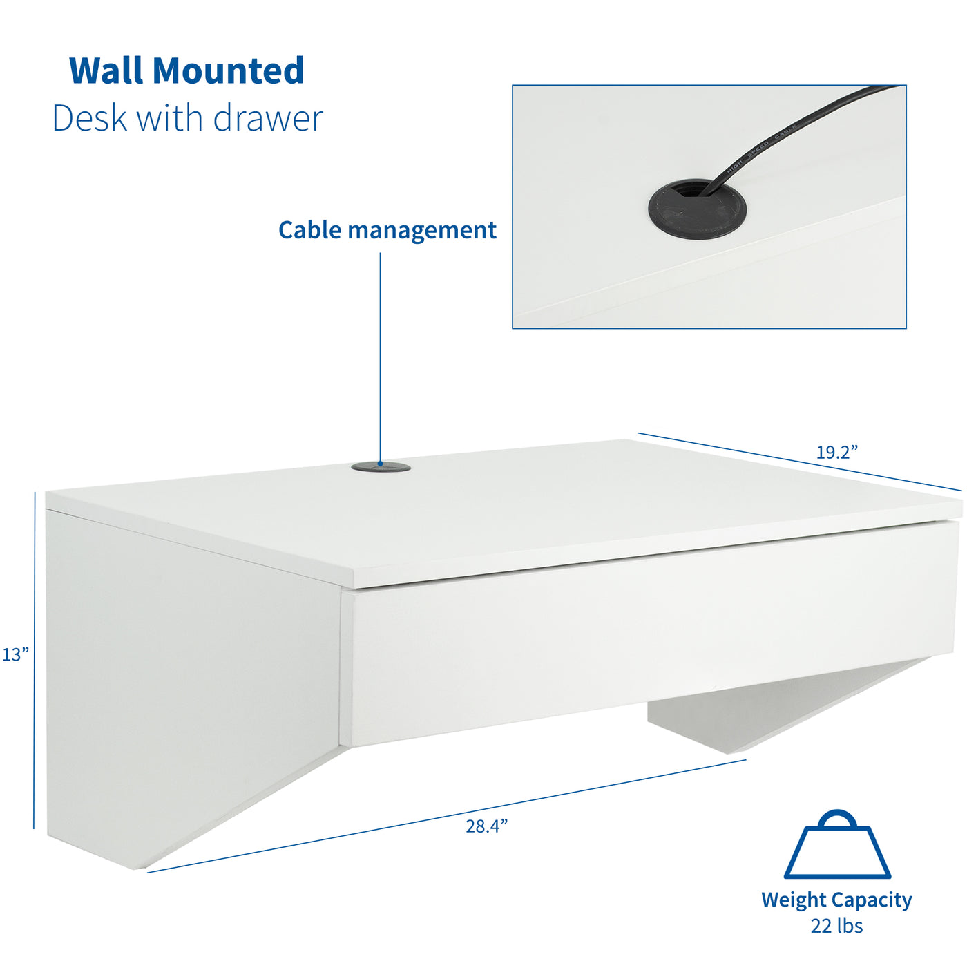 Sturdy wall mount desk with drawer with cable management.